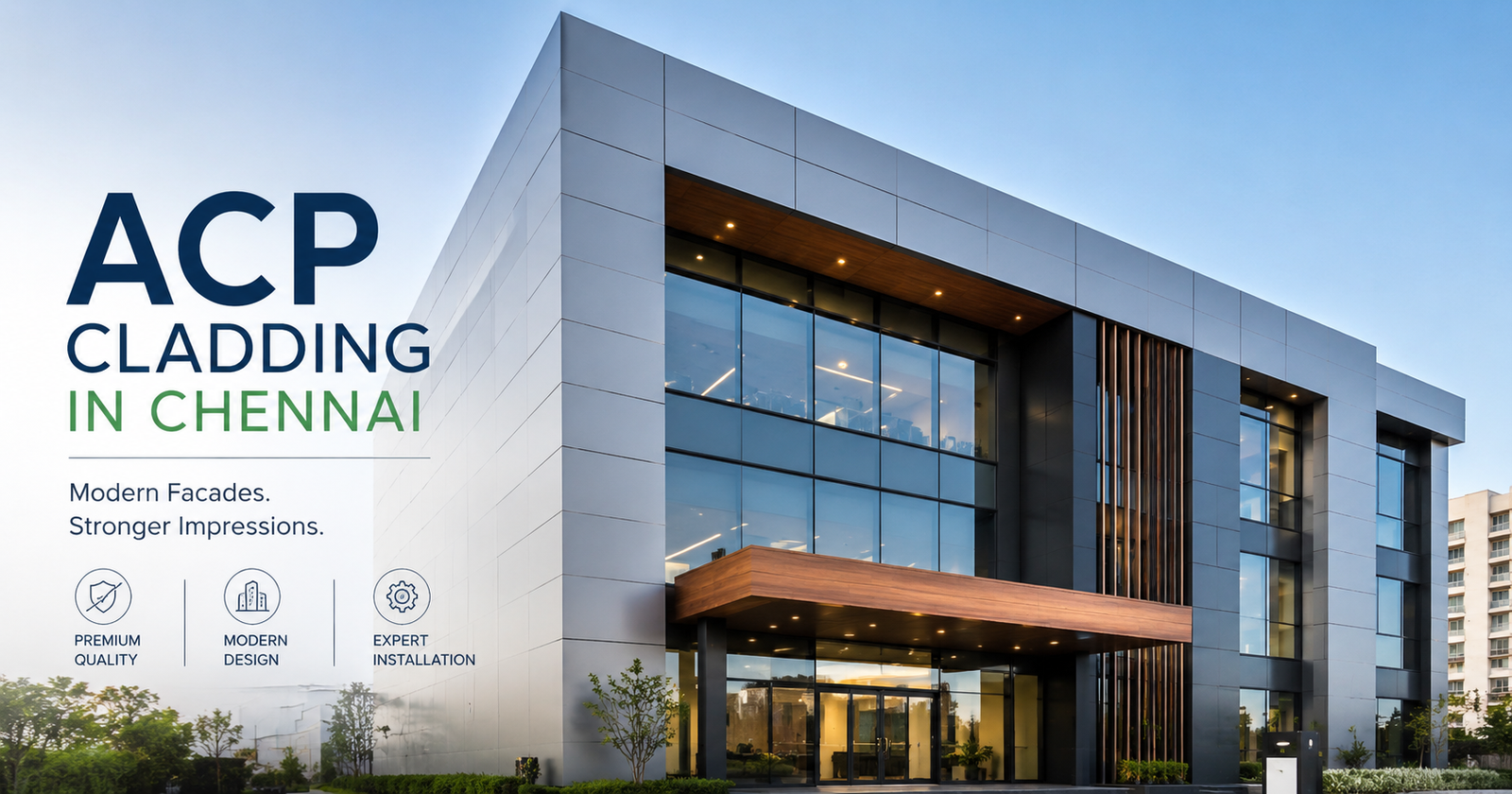 Modern commercial building with ACP cladding in Chennai